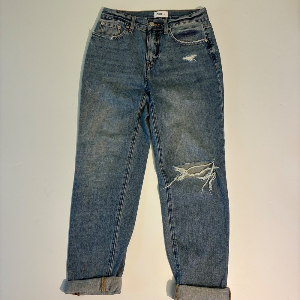 Pistola Womens Size 25 Distressed High‎ Rise Straight Leg Jeans Medium Wash Blue